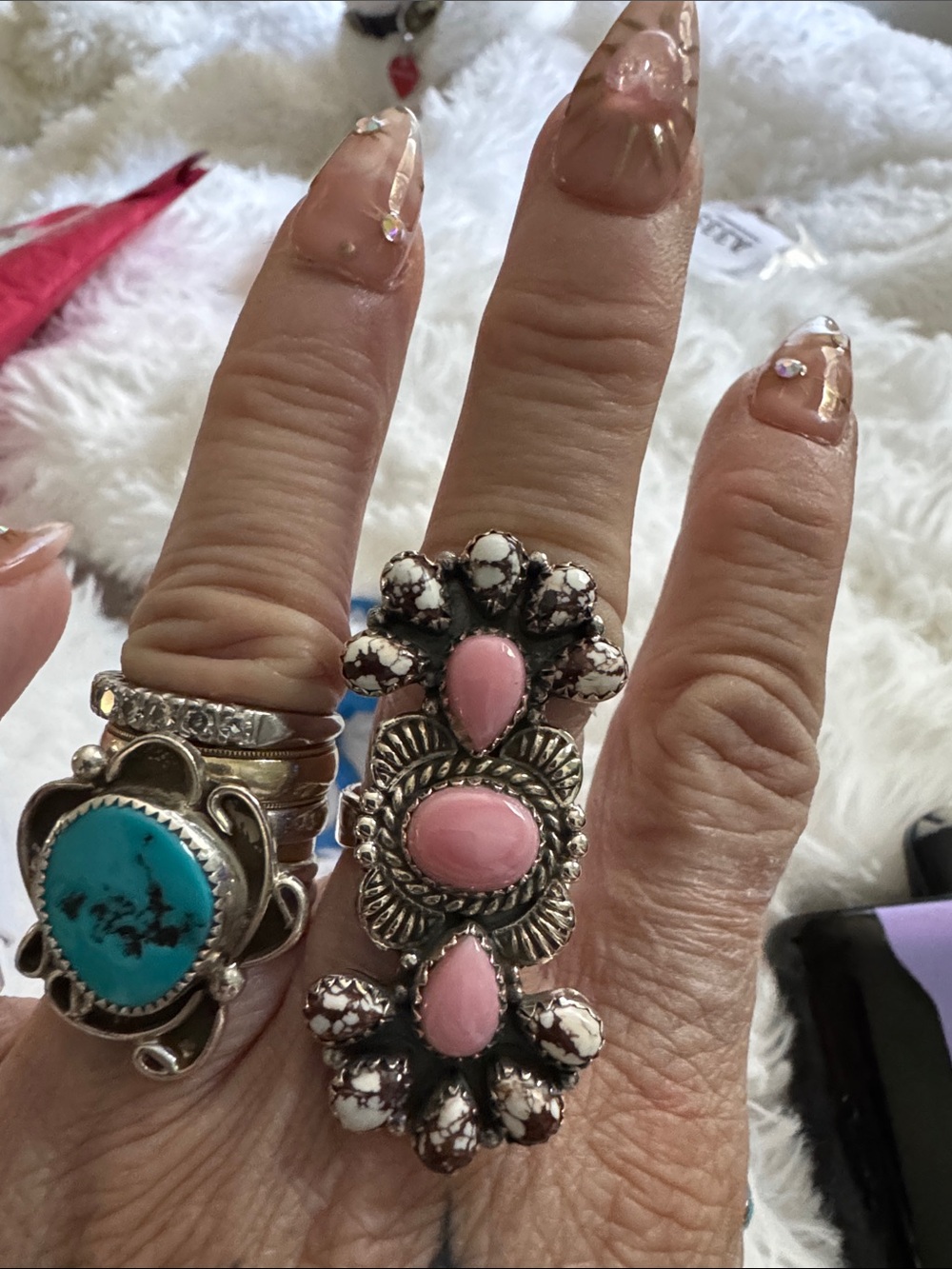 Pink conch and wild horse Jasper Stone Floral Cluster Ring - 925 silver